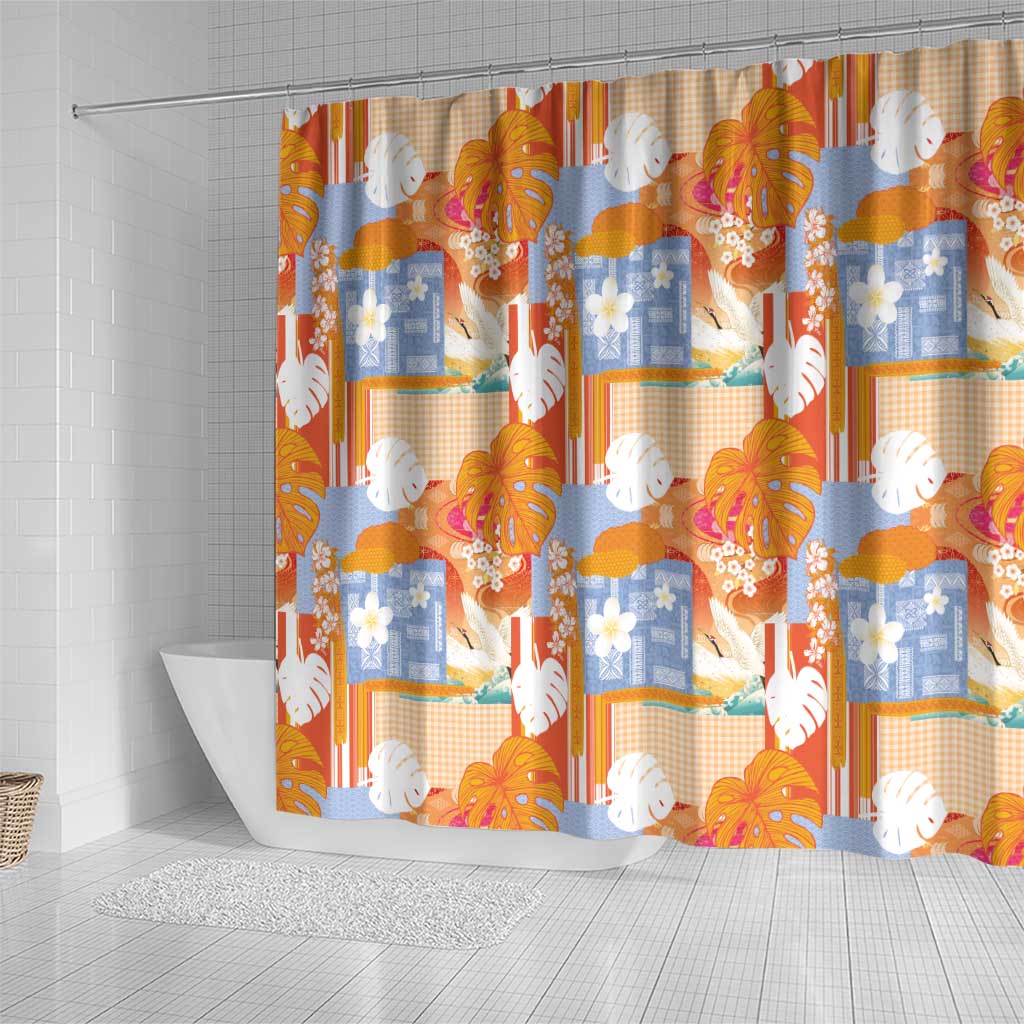 Hawaiian and Japanese Culture Together Shower Curtain Palaka Japanese Art and Tropical Motif Tribal Patchwork