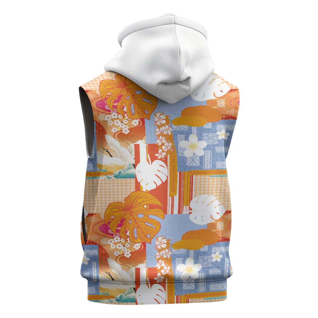Hawaiian and Japanese Culture Together Sleeveless Hoodie Palaka Japanese Art and Tropical Motif Tribal Patchwork