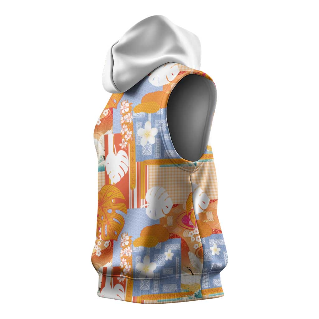 Hawaiian and Japanese Culture Together Sleeveless Hoodie Palaka Japanese Art and Tropical Motif Tribal Patchwork