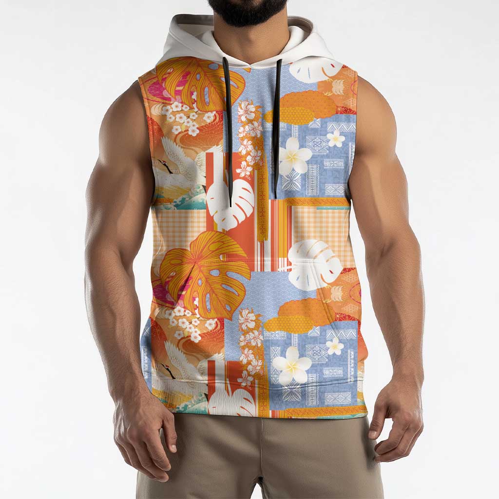 Hawaiian and Japanese Culture Together Sleeveless Hoodie Palaka Japanese Art and Tropical Motif Tribal Patchwork