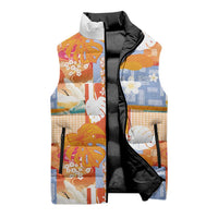 Hawaiian and Japanese Culture Together Sleeveless Puffer Jacket Palaka Japanese Art and Tropical Motif Tribal Patchwork