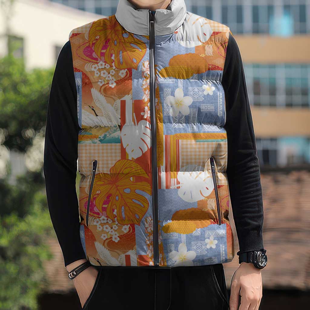 Hawaiian and Japanese Culture Together Sleeveless Puffer Jacket Palaka Japanese Art and Tropical Motif Tribal Patchwork