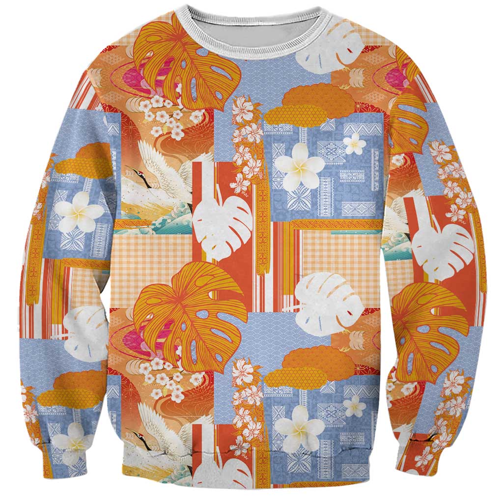 Hawaiian and Japanese Culture Together Sweatshirt Palaka Japanese Art and Tropical Motif Tribal Patchwork