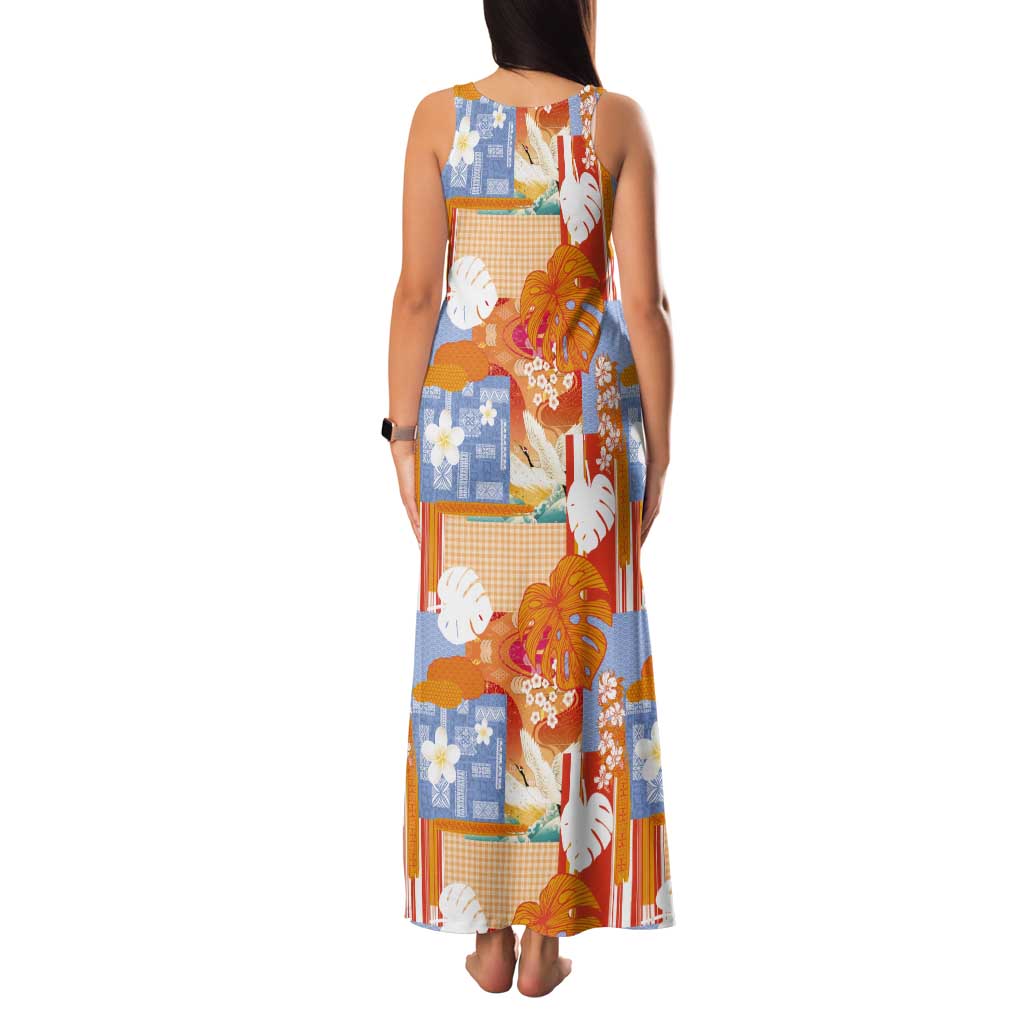 Hawaiian and Japanese Culture Together Tank Maxi Dress Palaka Japanese Art and Tropical Motif Tribal Patchwork