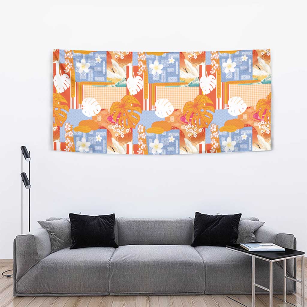 Hawaiian and Japanese Culture Together Tapestry Palaka Japanese Art and Tropical Motif Tribal Patchwork