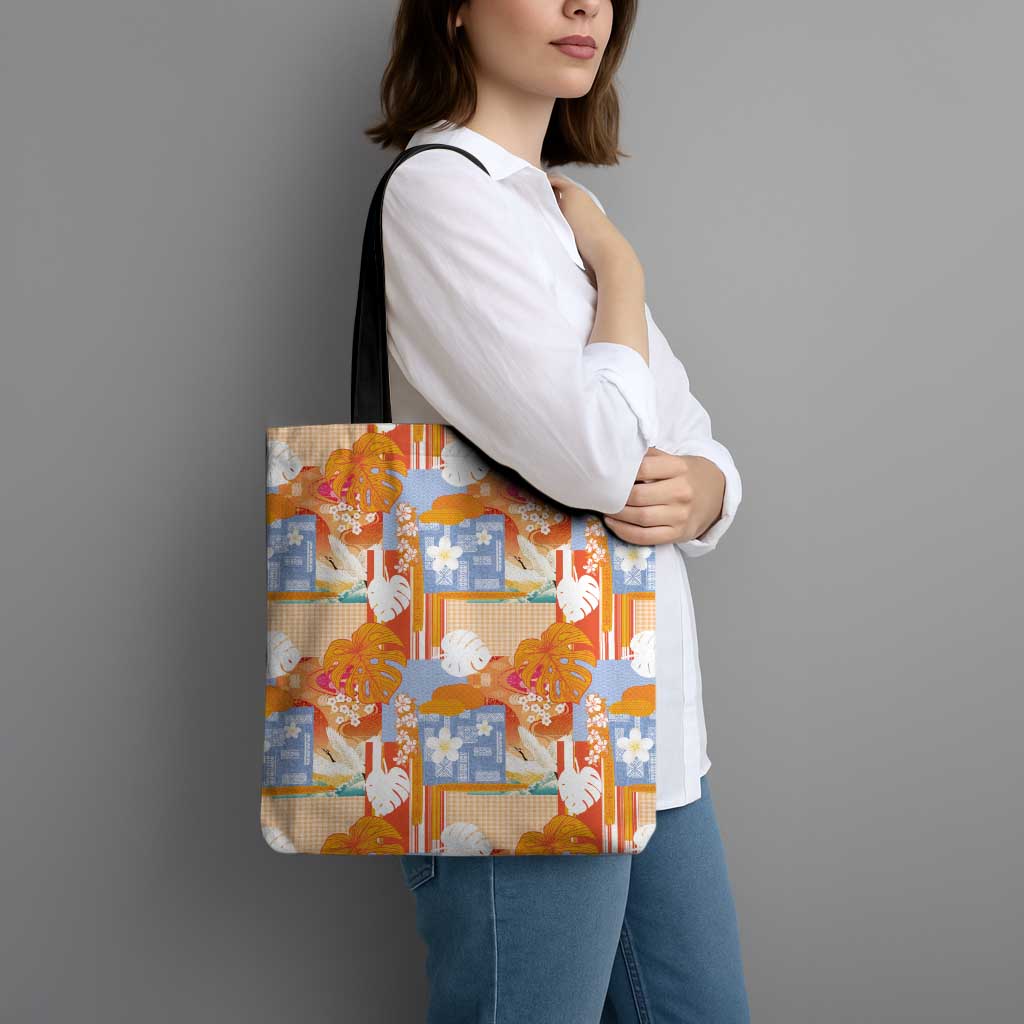 Hawaiian and Japanese Culture Together Tote Bag Palaka Japanese Art and Tropical Motif Tribal Patchwork