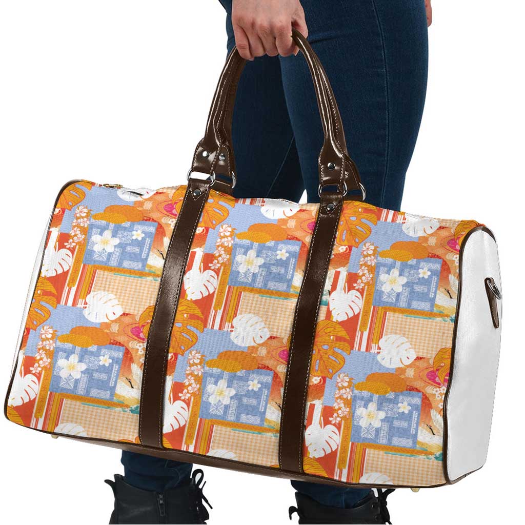 Hawaiian and Japanese Culture Together Travel Bag Palaka Japanese Art and Tropical Motif Tribal Patchwork