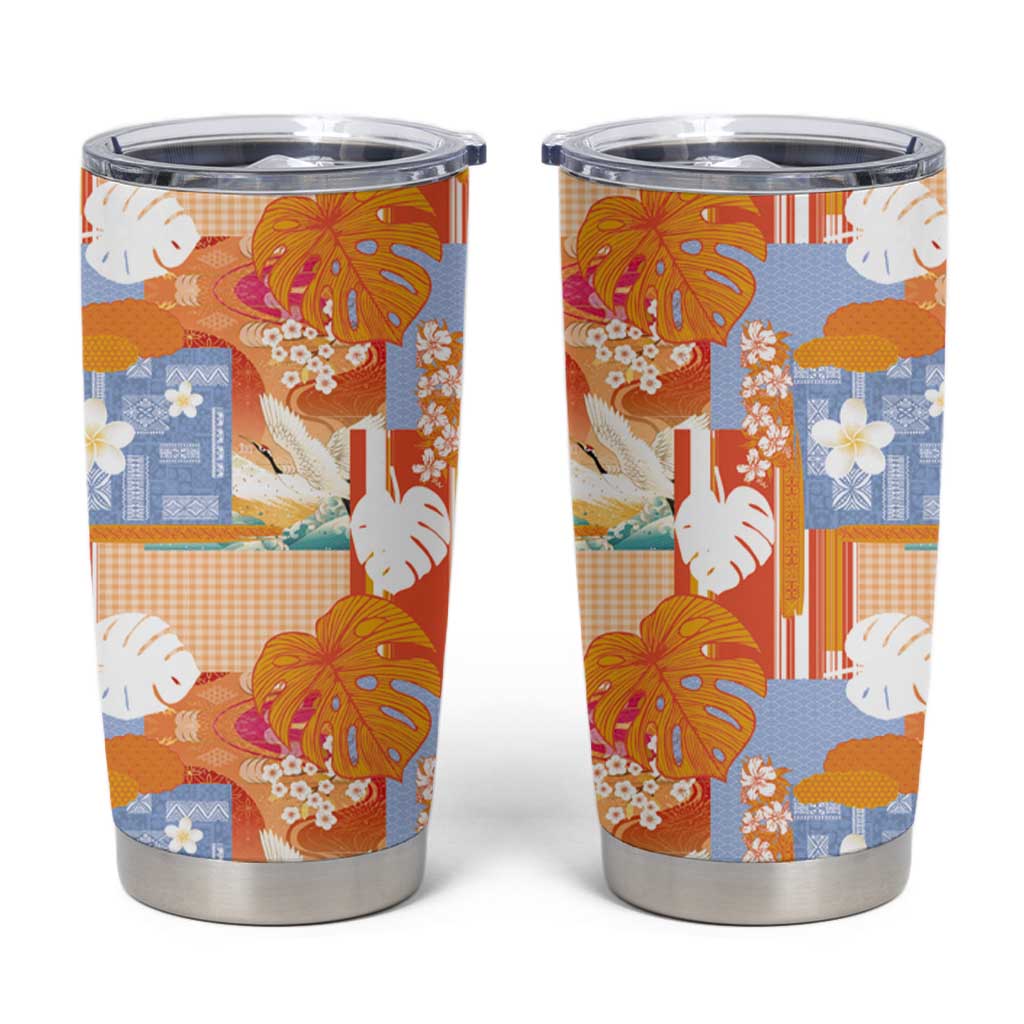 Hawaiian and Japanese Culture Together Tumbler Cup Palaka Japanese Art and Tropical Motif Tribal Patchwork
