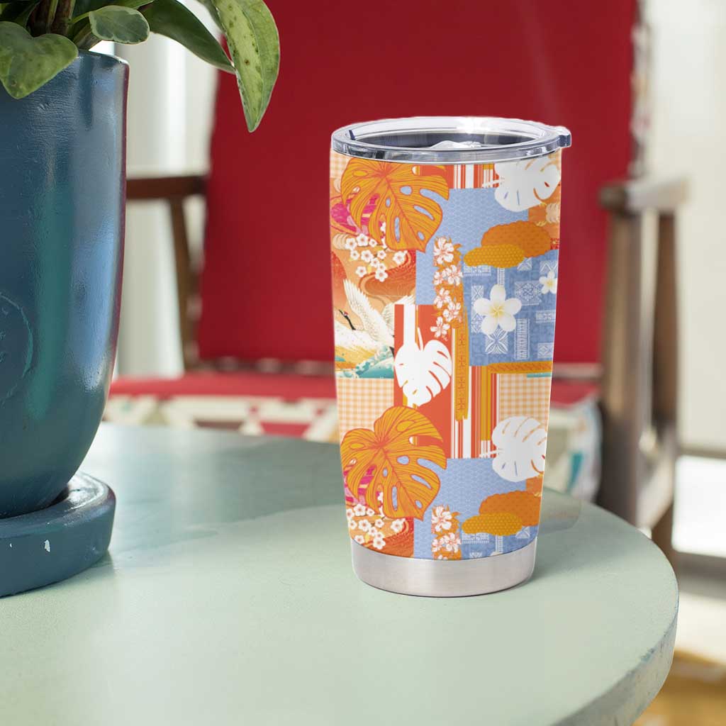 Hawaiian and Japanese Culture Together Tumbler Cup Palaka Japanese Art and Tropical Motif Tribal Patchwork