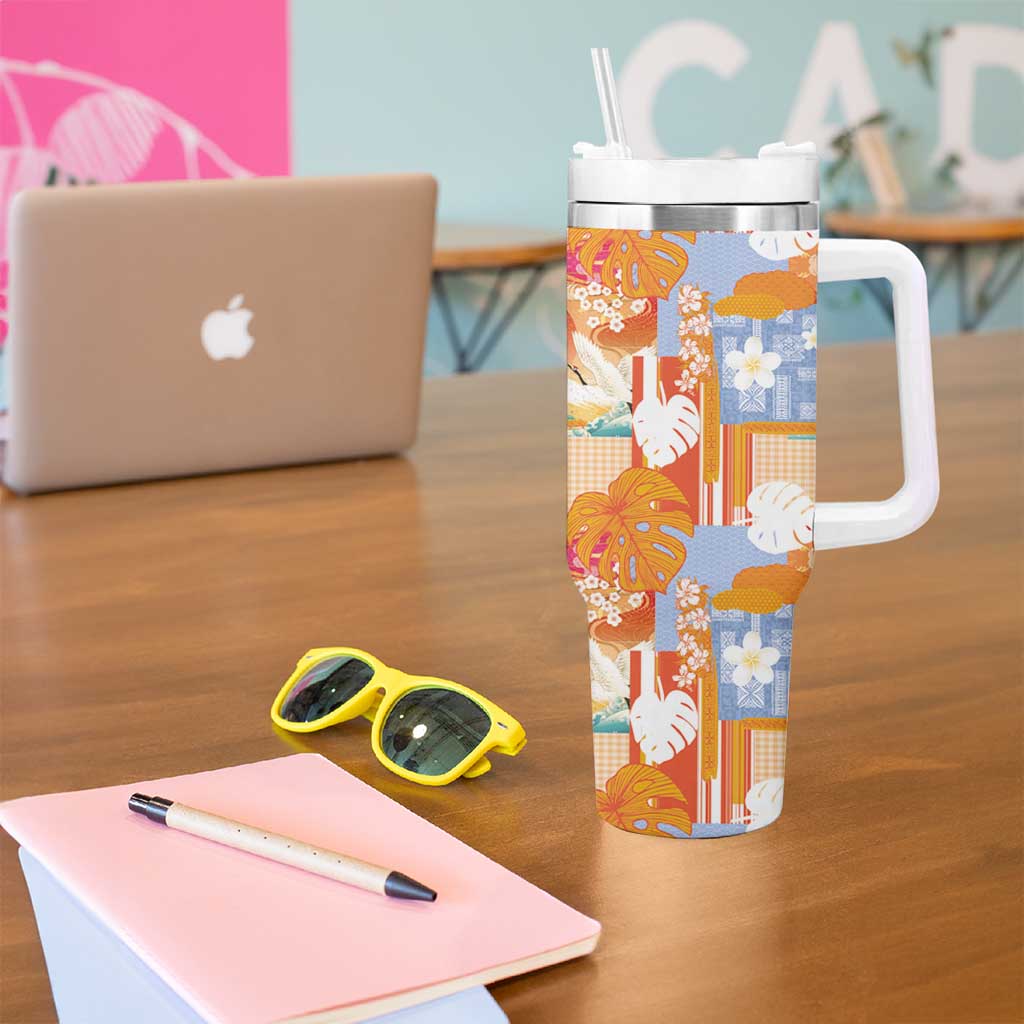 Hawaiian and Japanese Culture Together Tumbler With Handle Palaka Japanese Art and Tropical Motif Tribal Patchwork
