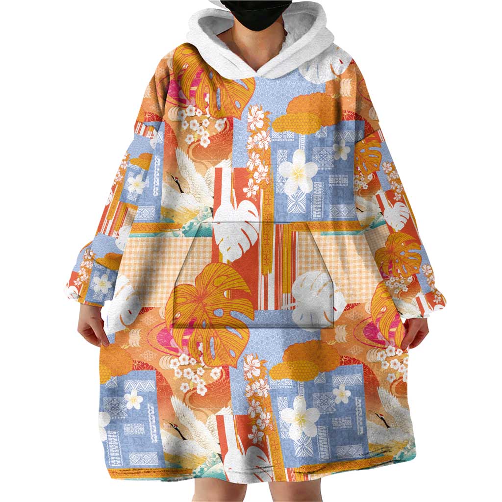 Hawaiian and Japanese Culture Together Wearable Blanket Hoodie Palaka Japanese Art and Tropical Motif Tribal Patchwork