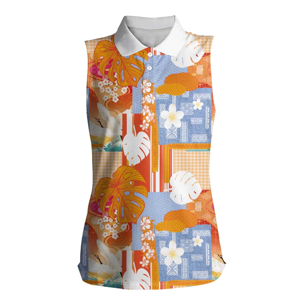 Hawaiian and Japanese Culture Together Women Sleeveless Polo Shirt Palaka Japanese Art and Tropical Motif Tribal Patchwork