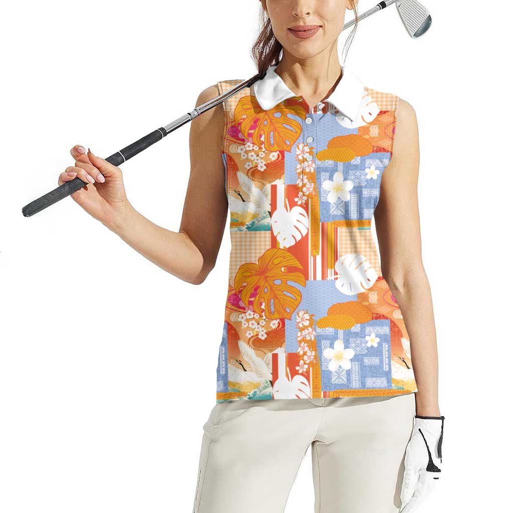 Hawaiian and Japanese Culture Together Women Sleeveless Polo Shirt Palaka Japanese Art and Tropical Motif Tribal Patchwork