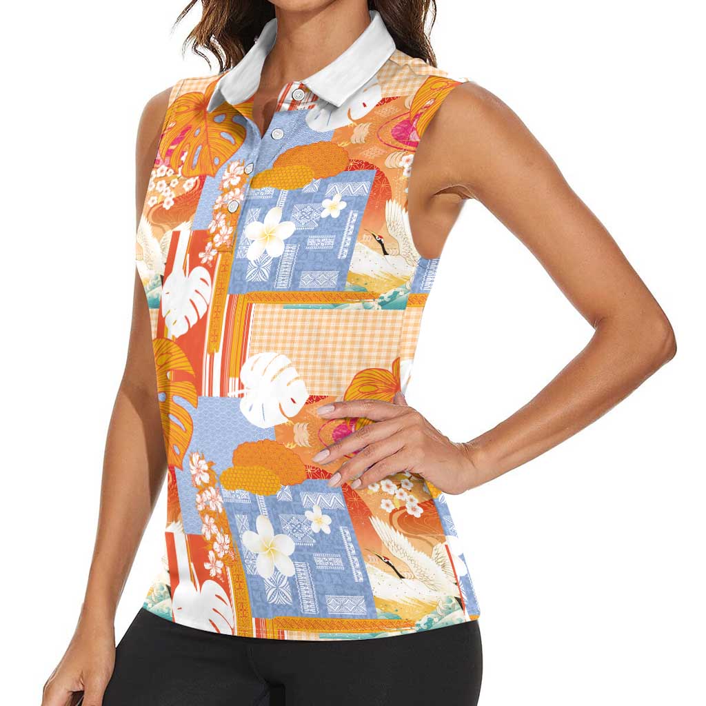 Hawaiian and Japanese Culture Together Women Sleeveless Polo Shirt Palaka Japanese Art and Tropical Motif Tribal Patchwork