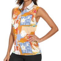 Hawaiian and Japanese Culture Together Women Sleeveless Polo Shirt Palaka Japanese Art and Tropical Motif Tribal Patchwork
