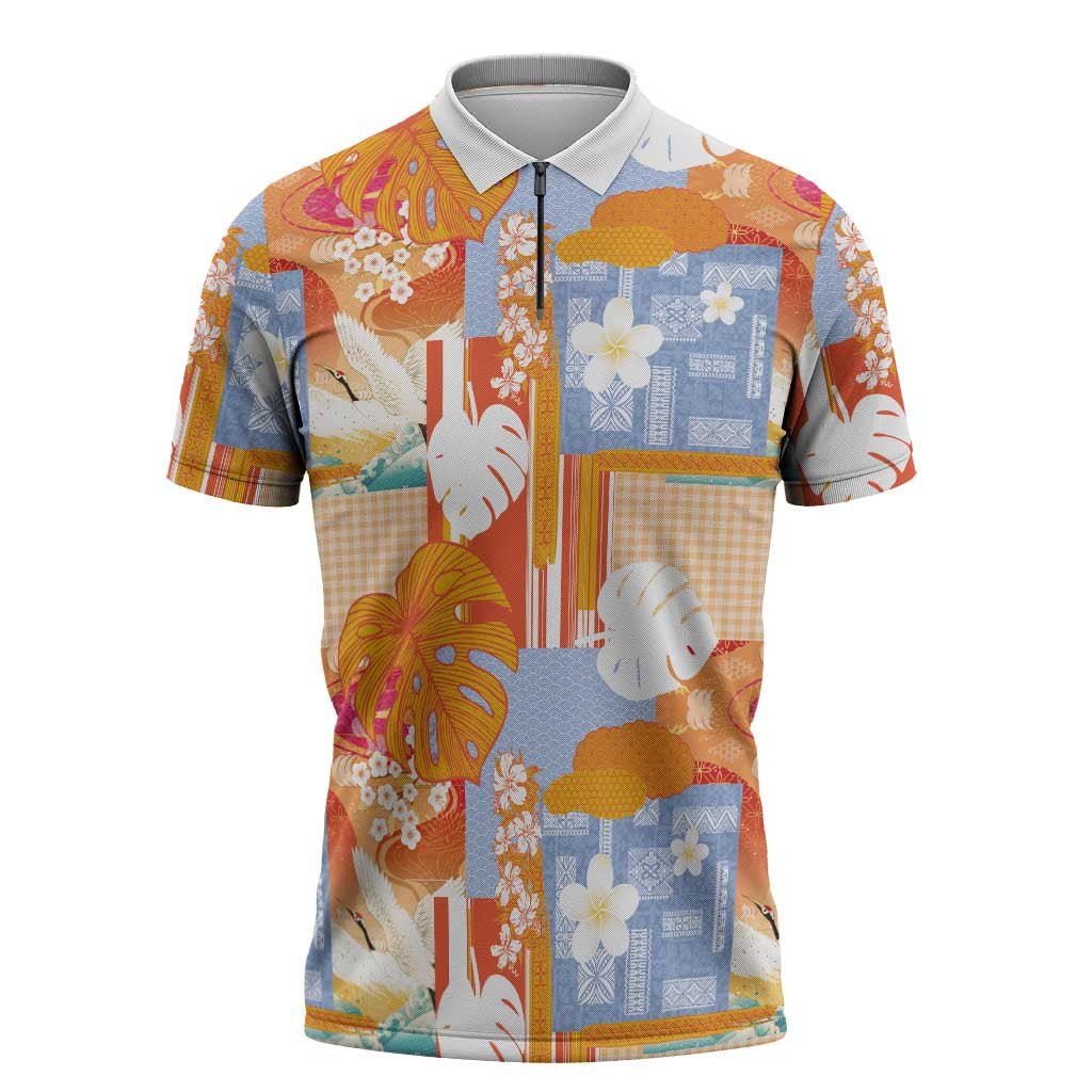 Hawaiian and Japanese Culture Together Zipper Polo Shirt Palaka Japanese Art and Tropical Motif Tribal Patchwork