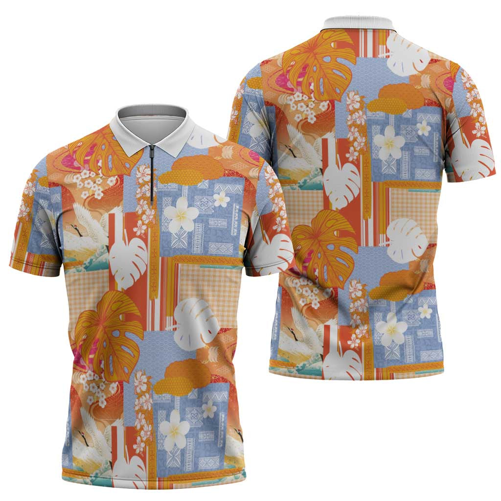 Hawaiian and Japanese Culture Together Zipper Polo Shirt Palaka Japanese Art and Tropical Motif Tribal Patchwork