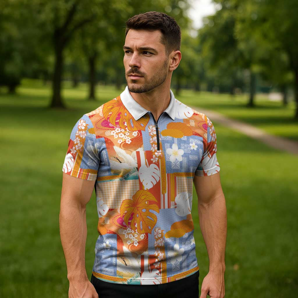 Hawaiian and Japanese Culture Together Zipper Polo Shirt Palaka Japanese Art and Tropical Motif Tribal Patchwork