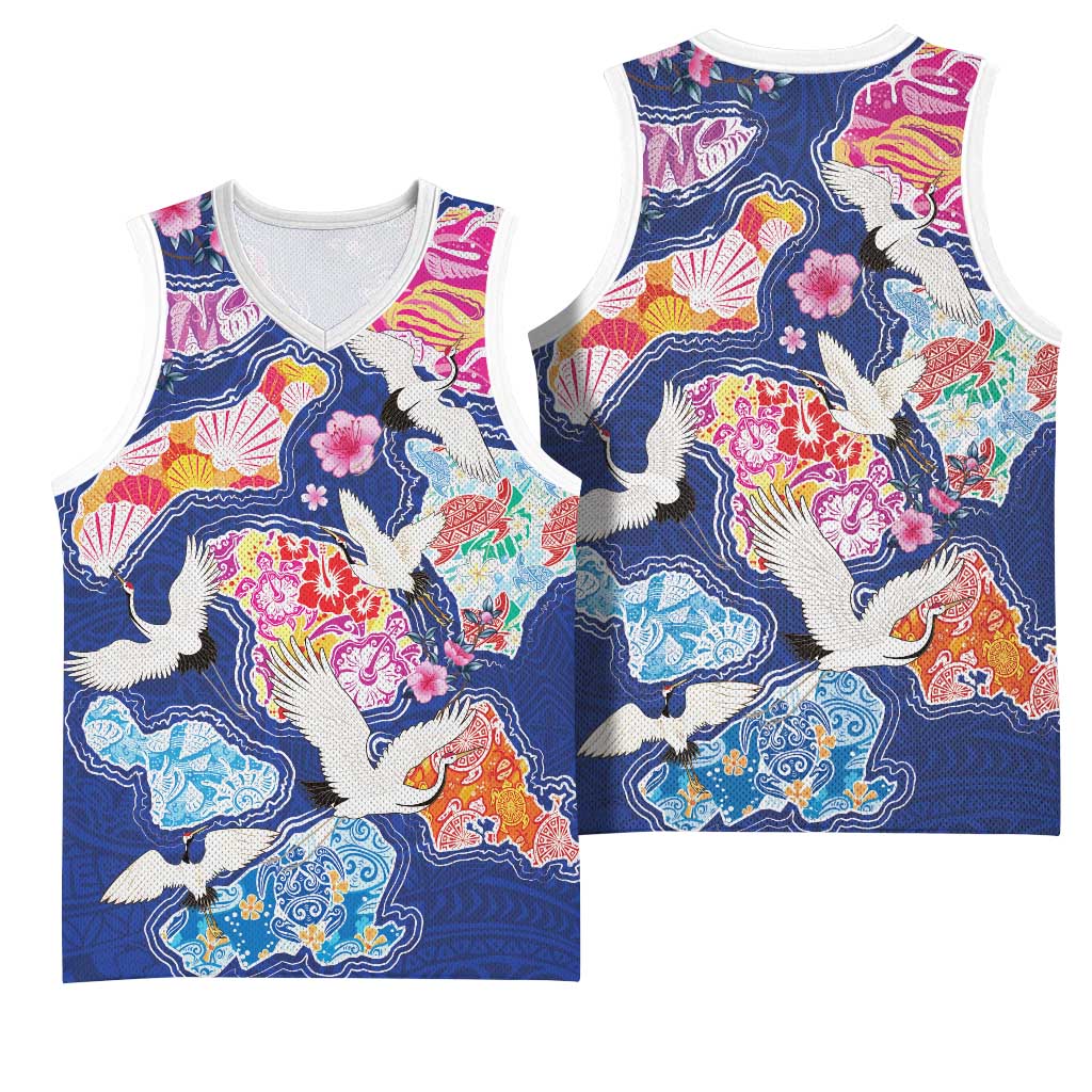 Hawaiian and Japanese Culture Together Basketball Jersey Hawaiian Archipelago Shape Sea Animals