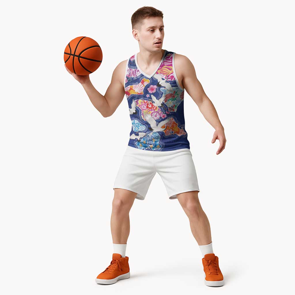 Hawaiian and Japanese Culture Together Basketball Jersey Hawaiian Archipelago Shape Sea Animals