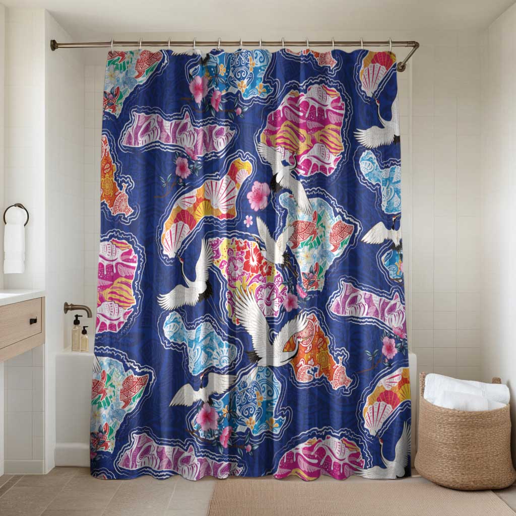 Hawaiian and Japanese Culture Together Bathroom Set Hawaiian Archipelago Shape Sea Animals LT03 Shower Curtain Only Multicolor - Polynesian Pride