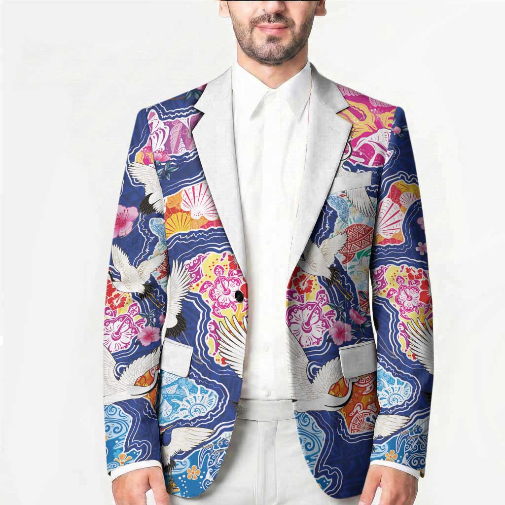 Hawaiian and Japanese Culture Together Blazer Hawaiian Archipelago Shape Sea Animals