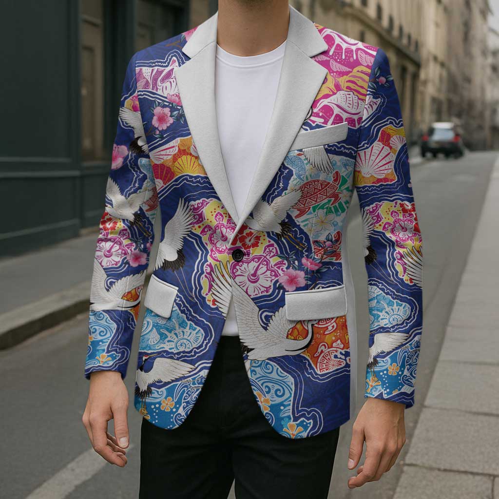 Hawaiian and Japanese Culture Together Blazer Hawaiian Archipelago Shape Sea Animals