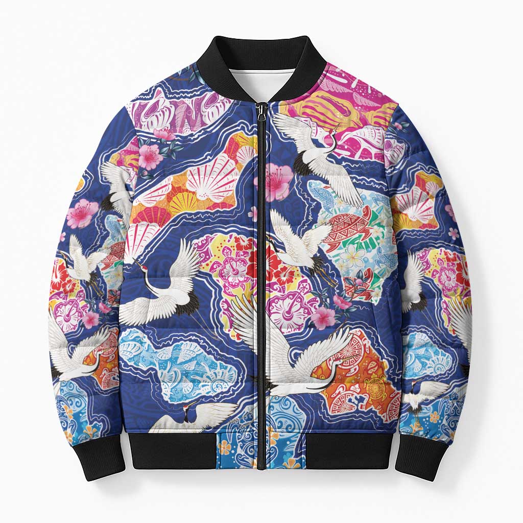 Hawaiian and Japanese Culture Together Bomber Puffer Jacket Hawaiian Archipelago Shape Sea Animals