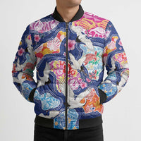 Hawaiian and Japanese Culture Together Bomber Puffer Jacket Hawaiian Archipelago Shape Sea Animals