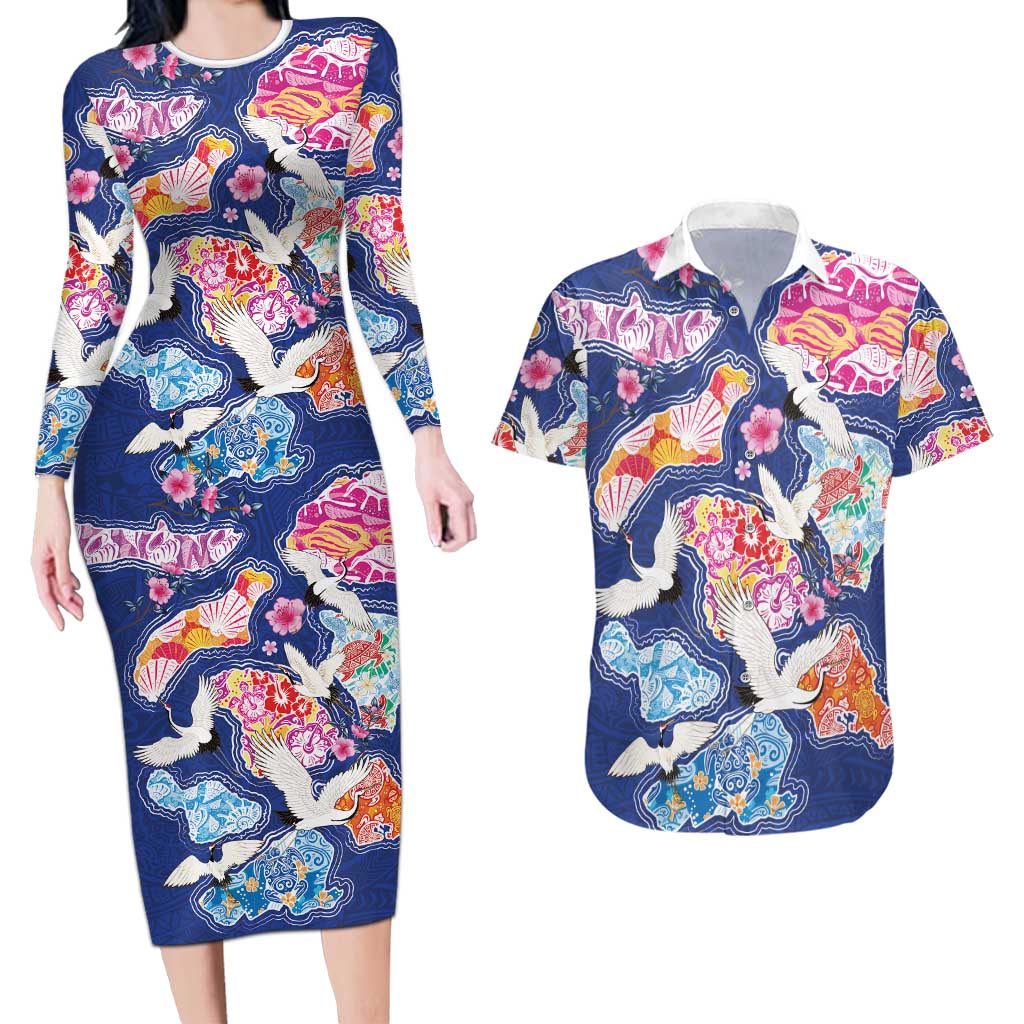 Hawaiian and Japanese Culture Together Couples Matching Long Sleeve Bodycon Dress and Hawaiian Shirt Hawaiian Archipelago Shape Sea Animals