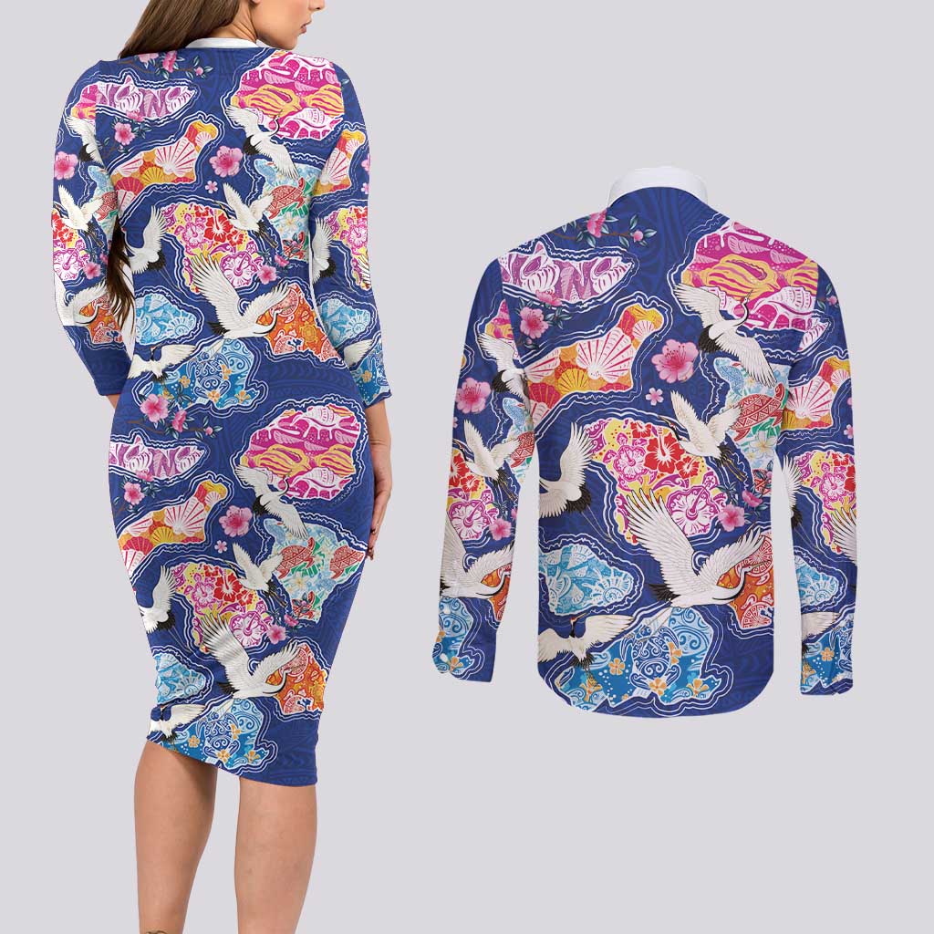 Hawaiian and Japanese Culture Together Couples Matching Long Sleeve Bodycon Dress and Long Sleeve Button Shirt Hawaiian Archipelago Shape Sea Animals