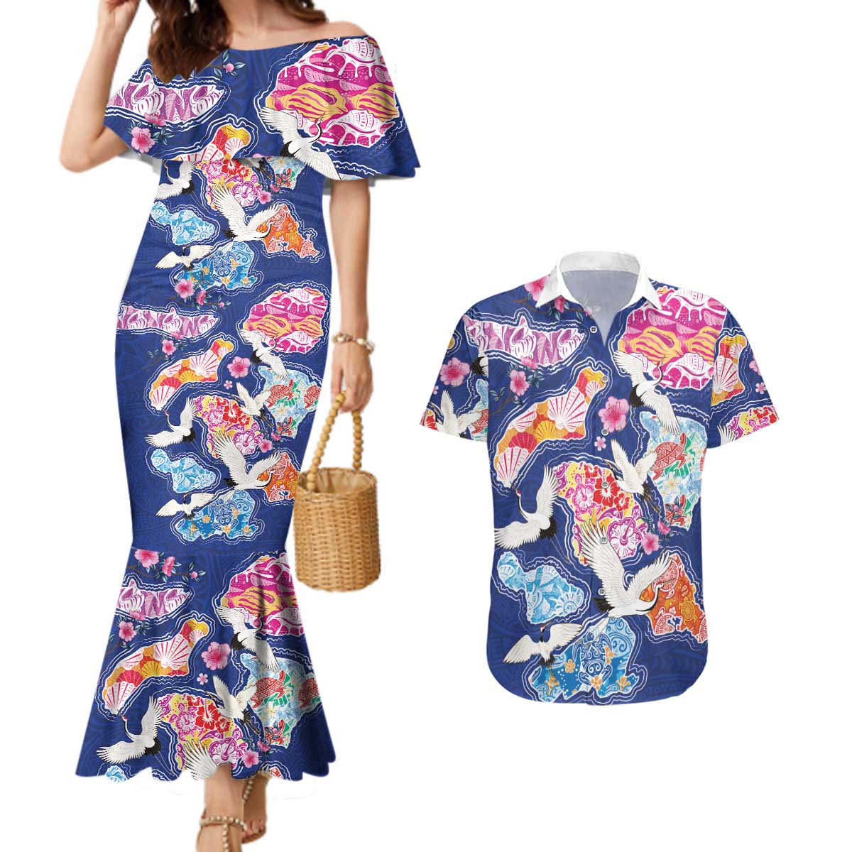 Hawaiian and Japanese Culture Together Couples Matching Mermaid Dress and Hawaiian Shirt Hawaiian Archipelago Shape Sea Animals
