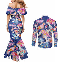 Hawaiian and Japanese Culture Together Couples Matching Mermaid Dress and Long Sleeve Button Shirt Hawaiian Archipelago Shape Sea Animals