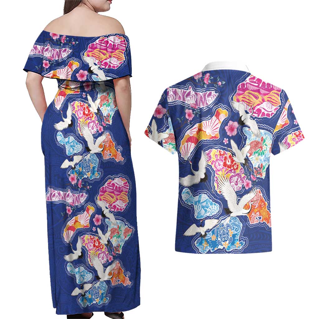 Hawaiian and Japanese Culture Together Couples Matching Off Shoulder Maxi Dress and Hawaiian Shirt Hawaiian Archipelago Shape Sea Animals