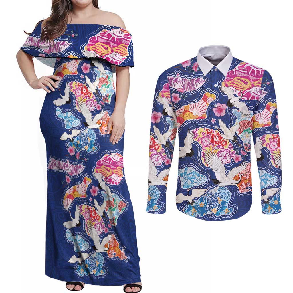 Hawaiian and Japanese Culture Together Couples Matching Off Shoulder Maxi Dress and Long Sleeve Button Shirt Hawaiian Archipelago Shape Sea Animals