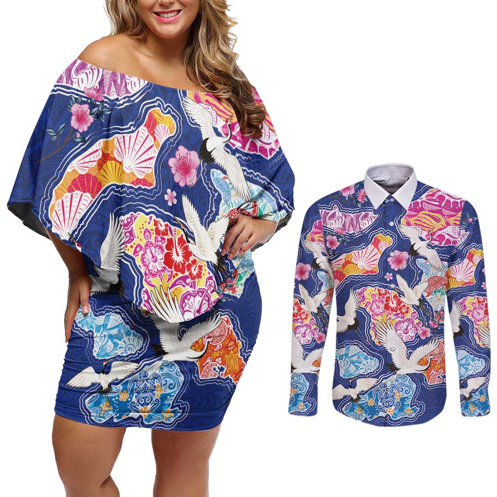 Hawaiian and Japanese Culture Together Couples Matching Off Shoulder Short Dress and Long Sleeve Button Shirt Hawaiian Archipelago Shape Sea Animals LT03 Multicolor - Polynesian Pride