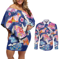 Hawaiian and Japanese Culture Together Couples Matching Off Shoulder Short Dress and Long Sleeve Button Shirt Hawaiian Archipelago Shape Sea Animals LT03 Multicolor - Polynesian Pride