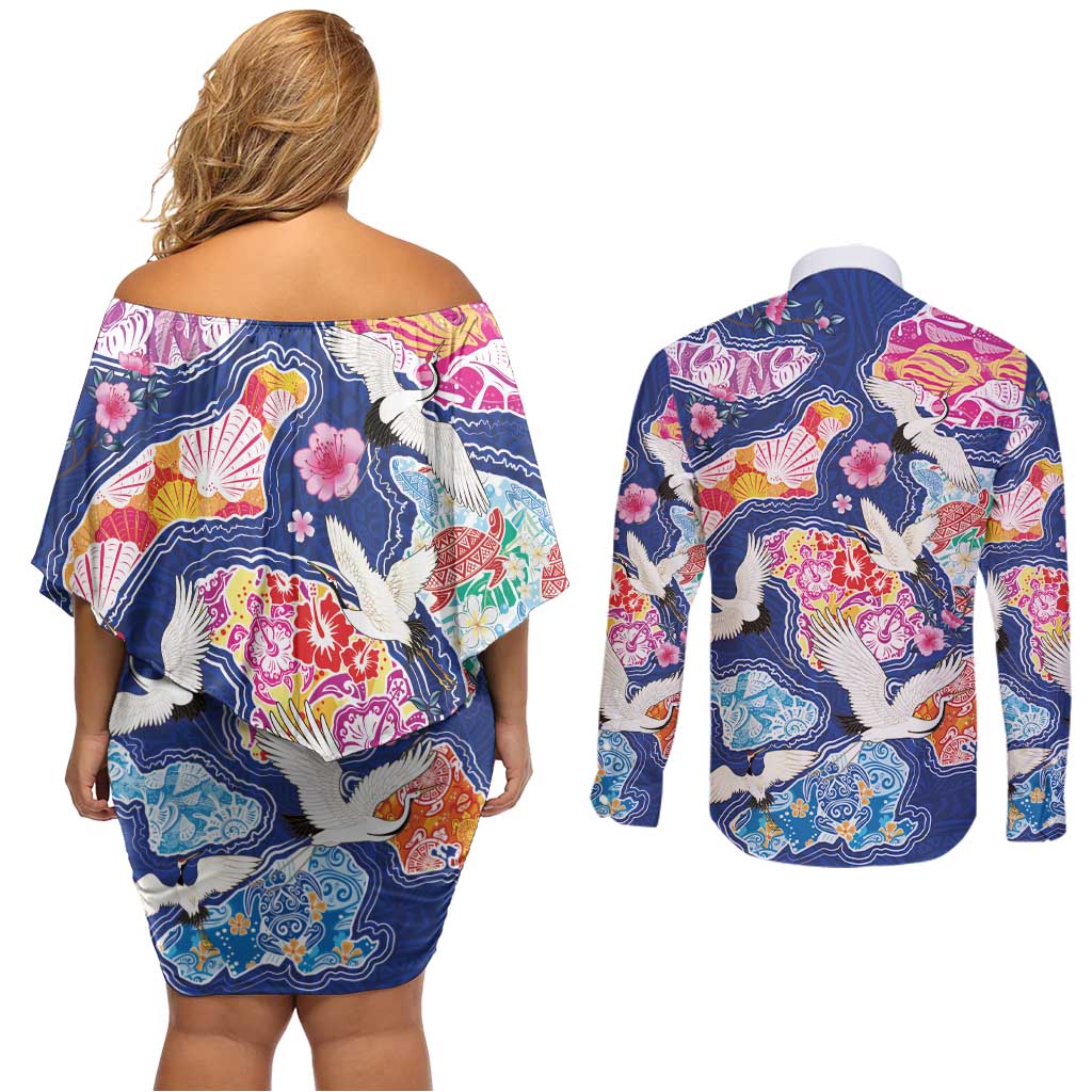 Hawaiian and Japanese Culture Together Couples Matching Off Shoulder Short Dress and Long Sleeve Button Shirt Hawaiian Archipelago Shape Sea Animals LT03 - Polynesian Pride