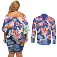 Hawaiian and Japanese Culture Together Couples Matching Off Shoulder Short Dress and Long Sleeve Button Shirt Hawaiian Archipelago Shape Sea Animals LT03 - Polynesian Pride