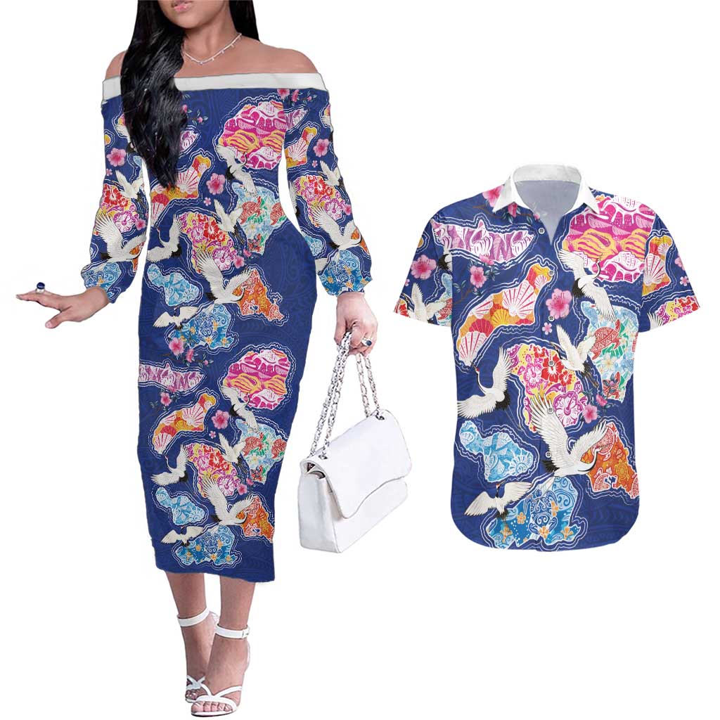 Hawaiian and Japanese Culture Together Couples Matching Off The Shoulder Long Sleeve Dress and Hawaiian Shirt Hawaiian Archipelago Shape Sea Animals
