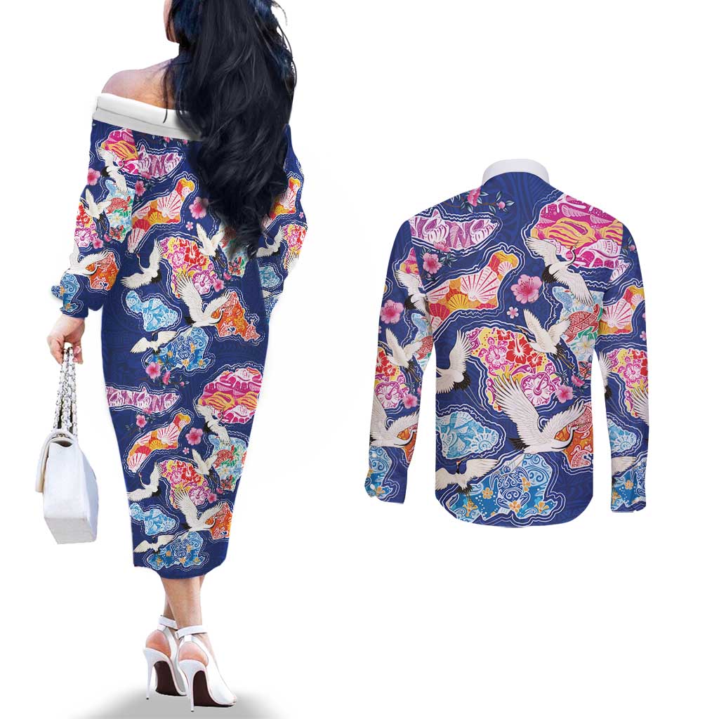 Hawaiian and Japanese Culture Together Couples Matching Off The Shoulder Long Sleeve Dress and Long Sleeve Button Shirt Hawaiian Archipelago Shape Sea Animals