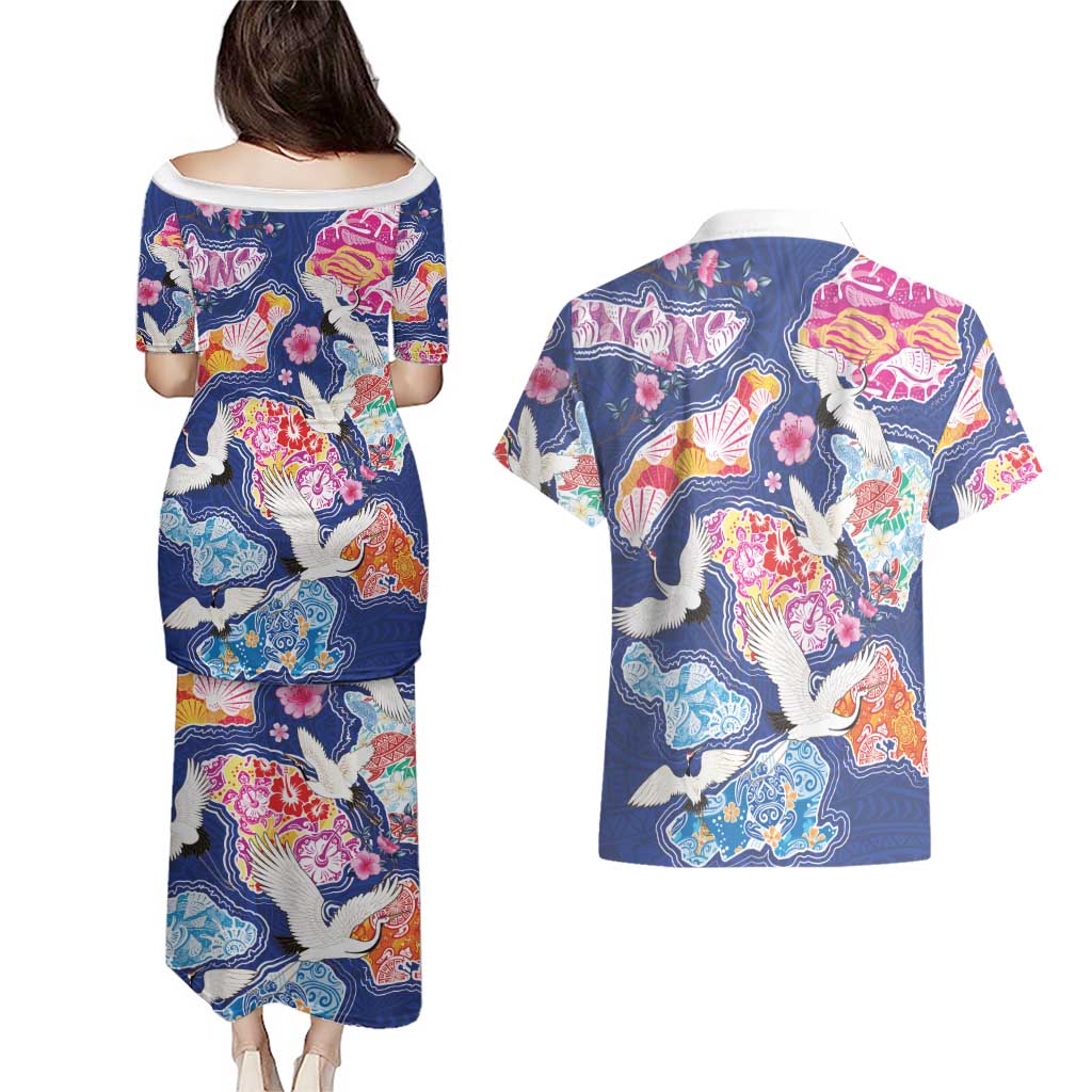 Hawaiian and Japanese Culture Together Couples Matching Puletasi and Hawaiian Shirt Hawaiian Archipelago Shape Sea Animals