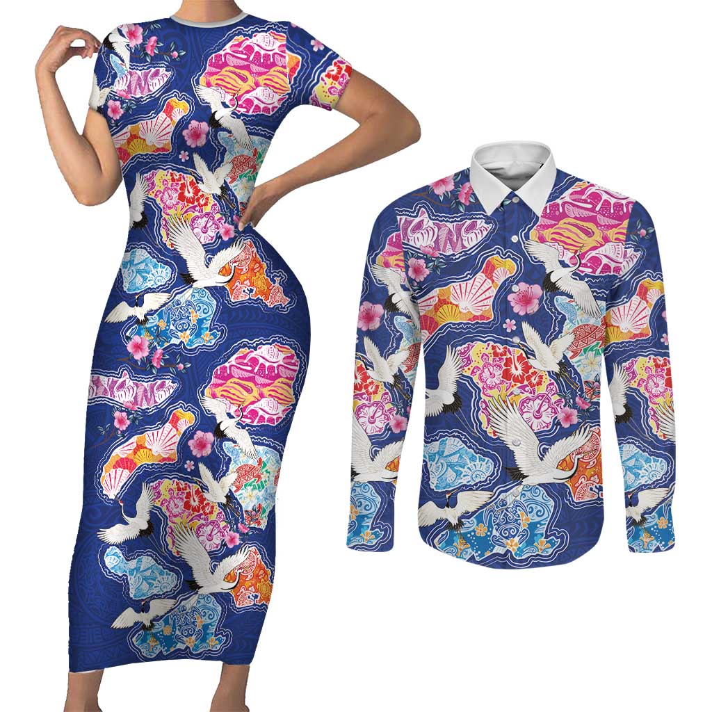 Hawaiian and Japanese Culture Together Couples Matching Short Sleeve Bodycon Dress and Long Sleeve Button Shirt Hawaiian Archipelago Shape Sea Animals
