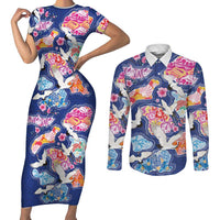 Hawaiian and Japanese Culture Together Couples Matching Short Sleeve Bodycon Dress and Long Sleeve Button Shirt Hawaiian Archipelago Shape Sea Animals