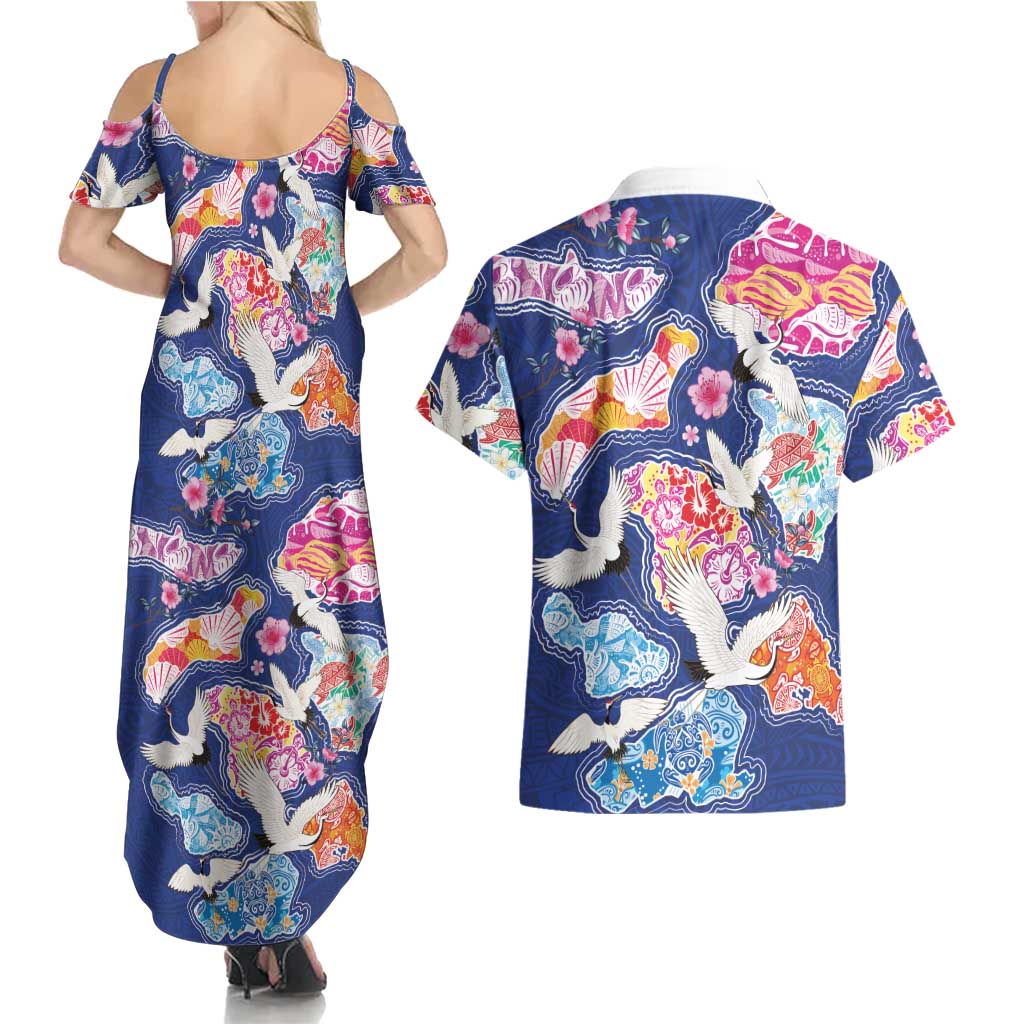 Hawaiian and Japanese Culture Together Couples Matching Summer Maxi Dress and Hawaiian Shirt Hawaiian Archipelago Shape Sea Animals