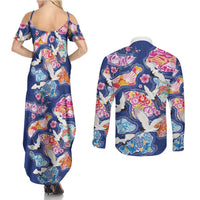 Hawaiian and Japanese Culture Together Couples Matching Summer Maxi Dress and Long Sleeve Button Shirt Hawaiian Archipelago Shape Sea Animals