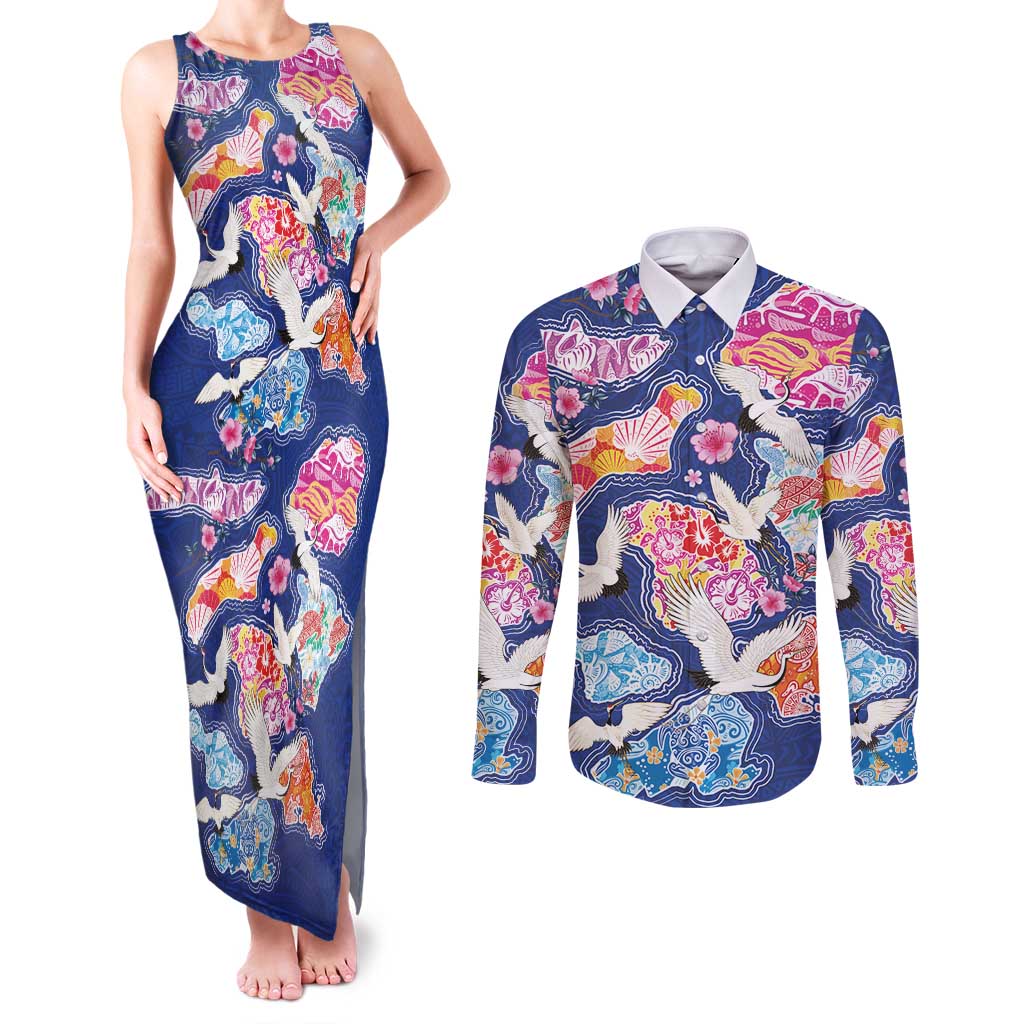 Hawaiian and Japanese Culture Together Couples Matching Tank Maxi Dress and Long Sleeve Button Shirt Hawaiian Archipelago Shape Sea Animals