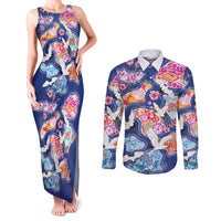 Hawaiian and Japanese Culture Together Couples Matching Tank Maxi Dress and Long Sleeve Button Shirt Hawaiian Archipelago Shape Sea Animals