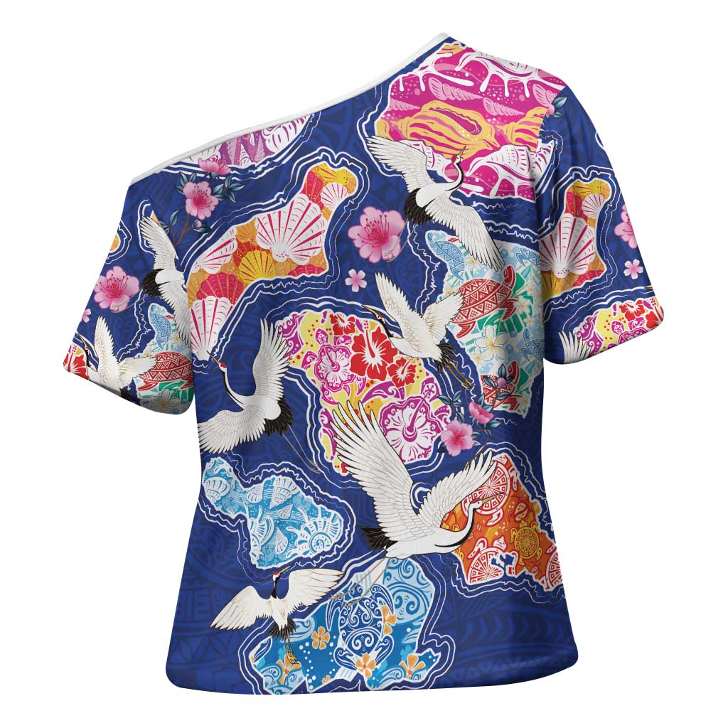 Hawaiian and Japanese Culture Together Cross Shoulder Shirt Hawaiian Archipelago Shape Sea Animals
