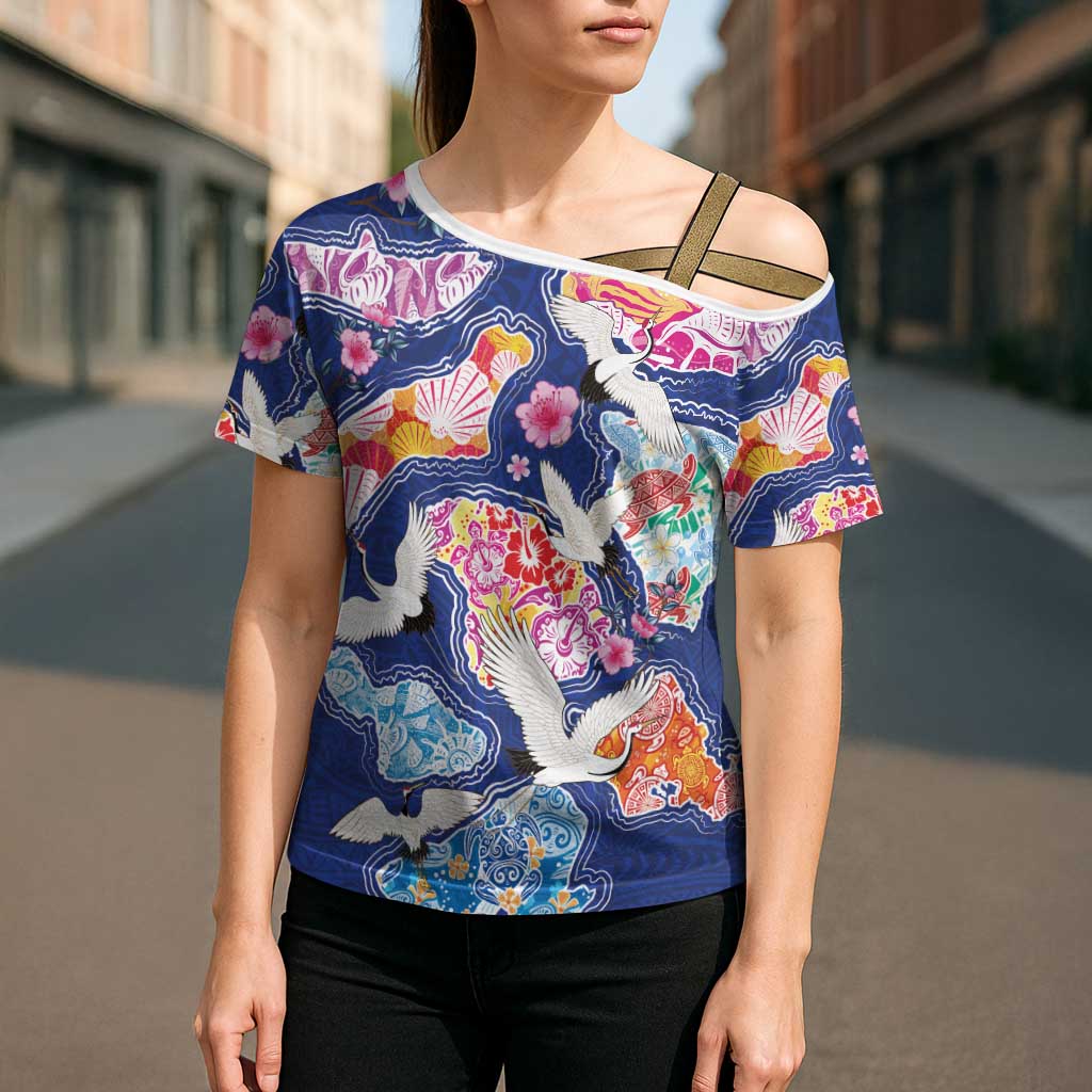 Hawaiian and Japanese Culture Together Cross Shoulder Shirt Hawaiian Archipelago Shape Sea Animals